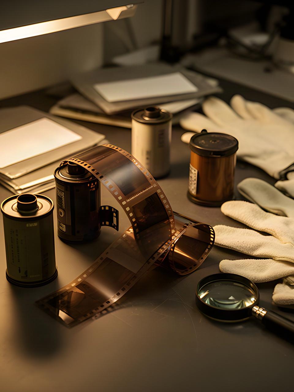 Carretes fotográficos y negativos antiguos preparados para consulta en un laboratorio de tienda