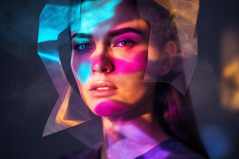 Sesión creativa con proyecciones de color y filtros sobre una modelo